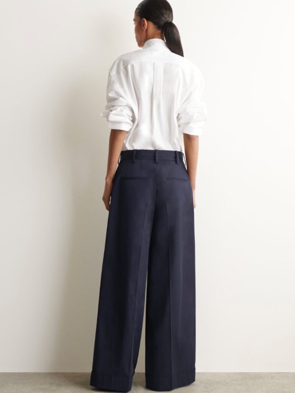 Cos COTTON-TWILL WIDE-LEG TURN-UP PANTS Size 8 Navy - Picture 3 of 7